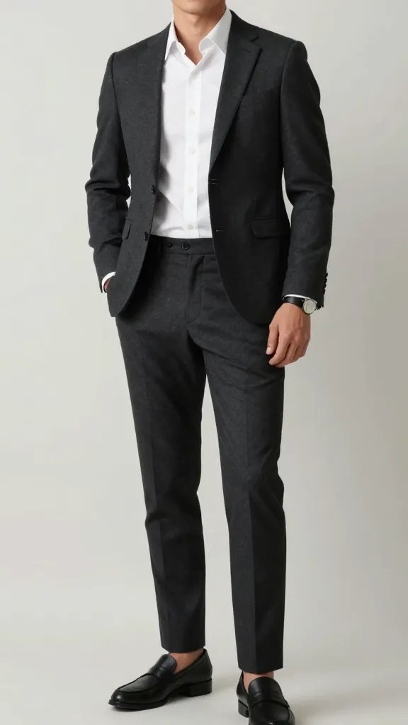 A high-resolution, natural daylight portrait of a stylish professional in a clean Gothic-inspired ensemble: a crisp white button-down shirt tucked into dark charcoal slim-fit trousers, paired with a tailored dark charcoal blazer. The blazer should dominate the silhouette with broad shoulders, while the shirt sleeves are rolled slightly and tucked strategically to elongate the torso. Footwear consists of sleek black loafers or ankle boots, and a minimalist watch peeks from under the cuffs. The overall look is modern and minimal, with a stark contrast between the white shirt and the dark lower half. The scene is shot in soft daylight, with a simple, uncluttered background and a slight, confident three-quarter pose to emphasize the powerful silhouette. No text on image.