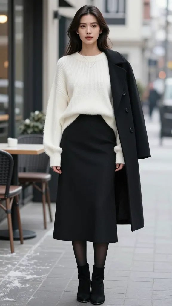 A high-resolution editorial-style photo of a chic woman standing in a softly lit urban winter setting, wearing a clean winter white look with a Gothic edge. The outfit features an oversized ivory knit sweater tucked at the waist for shape, a black or charcoal midi skirt, sheer black tights, and sleek black ankle boots. She accessorizes with subtle silvery jewelry and wears a tailored black coat draped over one shoulder for drama and warmth. The scene is modern and minimal, with a cool, desaturated color palette; the background is a clean city street or chic cafe terrace with hints of snow or frost. The subject presents a poised, confident expression suitable for daytime events or holiday gatherings. The image is ultra-realistic, studio-quality lighting, sharp details on knit texture and accessories, shallow depth of field to softly blur the background while keeping the subject pristine. No text on the image. The title implies the main subject is the fashion-forward individual embodying the &ldquo;Clean Winter White With Gothic Edge&rdquo; look.