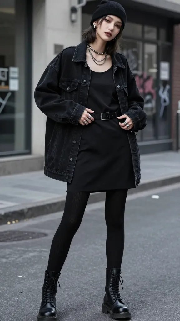 Create a high-quality, realistic fashion portrait of a stylish, androgynous model in an urban, moody setting (late afternoon light with soft shadows). The model wears edgy grunge-influenced clean goth: a relaxed silhouette featuring a black denim jacket worn over an oversized black cardigan, layered over a structured black slip dress or a minimalist black dress with clean lines. The look includes ribbed black tights and polished combat boots with a slight combat-worn edge. Accessorize with layered silver rings and a simple belt to define the waist, plus a beanie or cap for a street-ready touch. The color palette remains monochrome&mdash;various blacks, gunmetal silvers, and subtle textures (slightly rough fabrics paired with sleek finishes) to achieve a chic, wearable blend of grunge and goth. Pose the model with a confident, relaxed stance, one hand resting on the belt and the other near the pocket, slight tilt of the head, a soft, rebellious gaze. The background is an urban setting&mdash;grainy concrete, muted storefronts, and hints of graffiti to enhance the edgy vibe without overpowering the subject. No text on image.