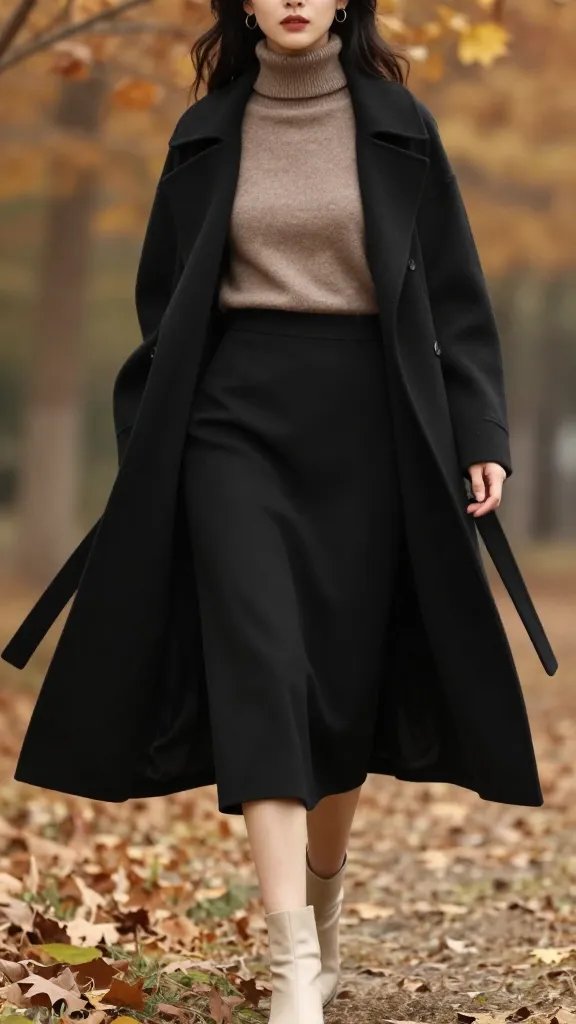 A female model stands in a softly lit autumn setting, dressed in a quietly dramatic gothic ensemble: a camel-taupe turtleneck tucked into a clean, black midi skirt with a sleek silhouette, and an oversized longline black coat that flows as she moves. She wears tan to cream ankle boots and minimalist gold earrings. The composition captures cinematic movement as she walks, coat swaying and fabric cleanly layered, with warm autumn hues of amber and taupe in the background. The lighting is warm and diffused, highlighting the textures of the wool turtleneck, the smooth black skirt, and the coat&rsquo;s structured lines. The overall aesthetic is cozy, modern Gothic, wearable, and immaculate with sparse accessories. The subject exudes quiet confidence, suitable for autumn weddings, with no text or logos visible in the image.