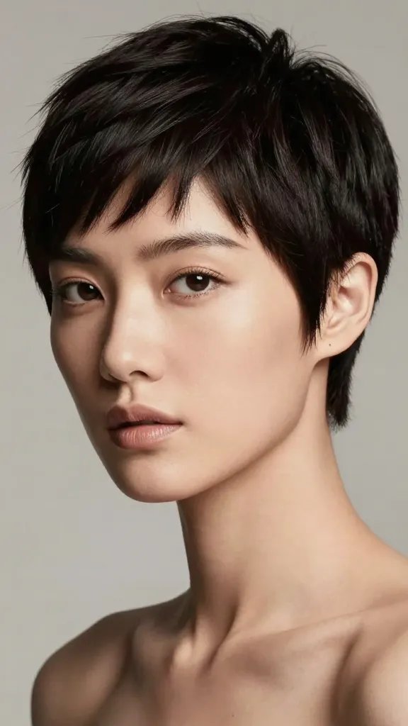 Create a hyper-realistic, high-resolution photograph of a female head featuring a classic pixie cut with a sleek, sculpted finish. The hairstyle should have clean, precise lines and a smooth silhouette that conveys modern sophistication and timeless elegance. The lighting should be soft yet directional to accentuate the sculpted contours and texture of the short, close-cropped hair, with a neutral, minimalist background to keep the focus on the subject. The model should embody a confident, professional presence with subtle, natural makeup and a poised expression. The overall mood is polished and timeless, suitable for a premium portrait. No text or branding in the image.