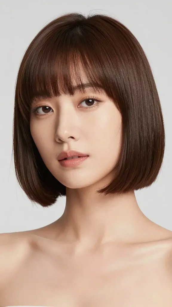 Create a photorealistic, high-resolution portrait of a woman with a chic, shoulder-skimming bob styled with a confident side part and side-swept bangs. The subject should be framed from the chest up, with a precise, straight-across hairline and a gentle tilt of the head to showcase the side-swept bangs. The hair should have subtle volume at the crown and a soft, polished wave for movement, staying sleek and professional. Lighting should be soft and even, highlighting the smooth texture and healthy shine of the hair and skin, with a clean, neutral studio backdrop. The overall mood is elegant, confident, and formal, suitable for a professional presentation. No text or logos in the image.
