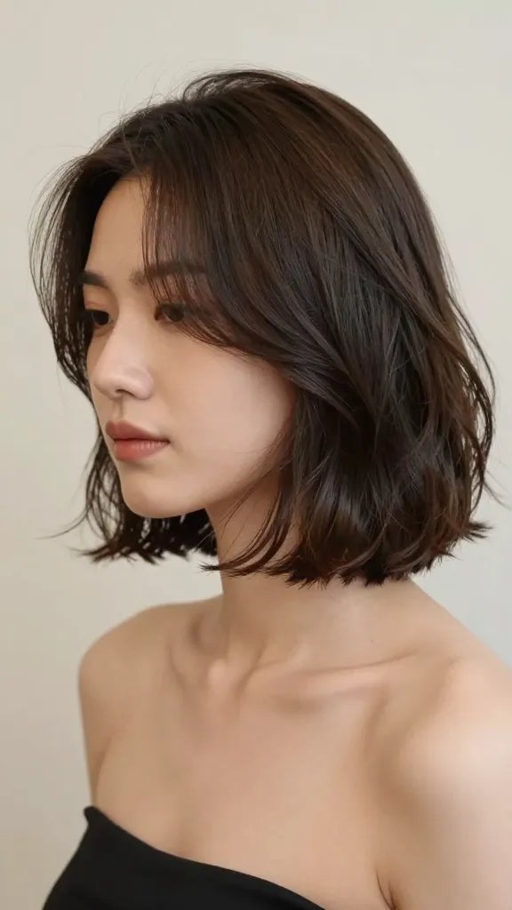 Generate a high-resolution, realistic photo of a chic lob with soft waves styled for a formal, refined vibe. The subject is a head-and-shoulders portrait of a woman with a long bob ending at the shoulders, featuring gentle, rhythmic waves that flow smoothly around the neckline. Capture soft, natural lighting that creates delicate highlights and shadows along the curved lines of the hair, emphasizing clean, tidy neckline and graceful curves. Use a neutral, studio backdrop to keep focus on the hair's texture and movement, with a shallow depth of field to subtly blur the background. Ensure the portrait showcases polished, elegant presentation suitable for a formal setting; no visible text or branding on the image.