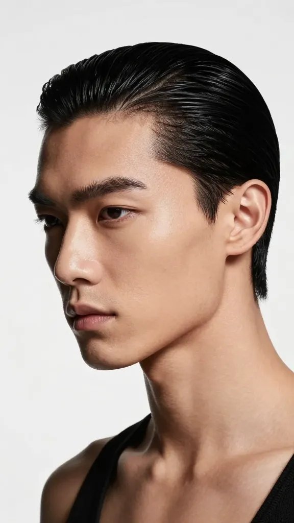 Create a high-resolution, realistic photo of a person with a sleek slicked-back crop hairstyle, depicted in profile to emphasize the strong crown and crisp sideburns. The subject should have a professional, confident expression, with flawless skin and subtle, natural makeup. Lighting is dramatic yet refined: a bright key light from the front-left to create crisp highlights along the hairline and a gentle fill on the face, with a clean, neutral background that enhances the silhouette. The hair is perfectly straight, glossy, and combed straight back from a defined hairline, with precise tapering at the nape and temples to form bold, geometric angles. The overall composition should convey power and sophistication, suitable for a fashion-forward, formal look. No text on the image.