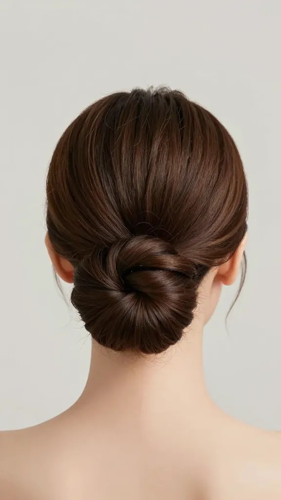 A high-resolution, studio-lit photograph of a single female head-and-shoulders portrait styled in a timeless French twist updo. The hair is neatly wrapped into a smooth, elegant twist at the back with a hint of volume at the crown for balance, secured with subtle, barely visible pins. The subject has a serene, poised expression and subtle, natural makeup that enhances facial features without glare. The background is clean and neutral (soft gray/ivory) to emphasize the hairstyle, with soft, diffused lighting that creates gentle shadows to highlight the contours of the twist and the sleek lines of the updo. The composition centers the head-and-shoulders in the frame, capturing fine hair texture and a polished, sophisticated look suitable for formal presentation. No text or branding on the image.