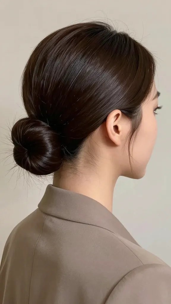 A high-resolution, photorealistic portrait of a person from the article title "Low Bun with Defined Outer Ring" in a formal setting. The subject is photographed in a three-quarter view from the shoulders up, with a sleek, secure low bun resting neatly at the nape of the neck and a clearly defined outer ring of hair framing the face. The lighting is soft yet bright, emphasizing the crisp edge of the outer ring and the polished, elegant texture of the hair. The background is neutral and unobtrusive, suggesting a formal portrait environment (e.g., vignette studio backdrop or elegant ballroom glow) without distracting elements. The subject wears minimal, sophisticated attire&mdash;perhaps a tailored blazer or high-collar blouse&mdash;to convey professionalism. Hair is glossy, smooth, and precisely styled, with clean lines and a refined silhouette. No visible text or branding.