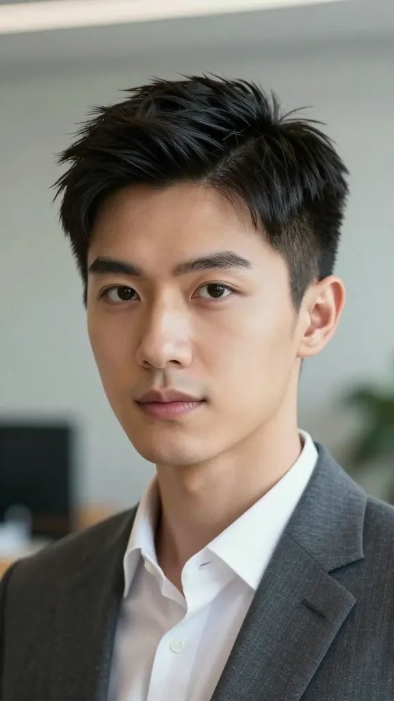 Create a hyper-realistic 35mm portrait of a professional individual showcasing an asymmetrical faux hawk styled for office chic. The subject should be a head-and-shoulders portrait with a sharp, elevated center section that rises into a sleek ridge on top, and neatly tapered sides that slim toward the ears. The hairstyle should be polished and glossy, with precise lines and clean edges, reflecting executive polish. The subject is dressed in a tailored blazer with a crisp shirt and subtle, sophisticated jewelry, set against a neutral, softly blurred office environment background. Lighting is soft yet directional, highlighting the height and symmetry of the faux hawk while maintaining a confident, approachable expression. The overall aesthetic is modern, refined, and credible for a formal workplace, with natural skin tones and detailed hair texture that conveys volume and control without harsh shadows. No text on the image. The main subject should align with the article&rsquo;s title.