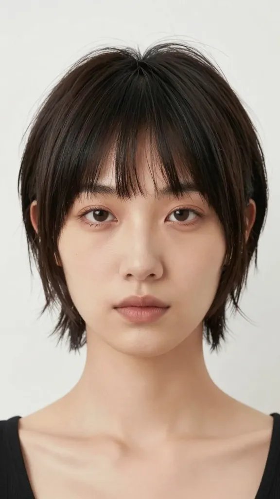 Create a high-resolution, photorealistic image of a front-facing female head-and-shoulders portrait showcasing a short shag haircut with clean, deliberate layers. The crown should appear layered with defined, crisp edges and a straight-across fringe that sits evenly across the forehead. The hairstyle should have texture and movement, with subtle volume at the crown and smooth, precise lines along the hair ends, emphasizing a polished, formal look. Use natural lighting to highlight the contrast between the structured fringe and the textured layers, ensuring sharp detail in the hair strands and a soft, clean background that keeps all focus on the subject&rsquo;s face and haircut. The subject should have a poised, professional expression, neutral makeup, and a minimalist wardrobe that does not distract from the hairstyle. The final image should be a single, realistic, high-quality photograph suitable for print, with no text or logos.