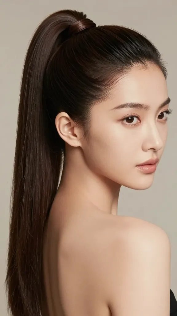 Create a photorealistic, high-resolution portrait of a head-and-shoulders female model with a sleek, high ponytail secured by a discreet, elegant tie at the base. The ponytail should be smooth, polished, and neatly wrapped, with clean, precise lines that convey a neat and organized look. The model's expression is calm and confident, with minimal makeup and a subtle, natural glow. The background is soft and unobtrusive to keep the focus on the hairstyle. Capture the lighting to emphasize the shine and smoothness of the hair, with well-defined hair contours and a sense of professional, formal polish. The image should be free of text, color-accurate, and suitable for a fashion/hairstyle editorial.