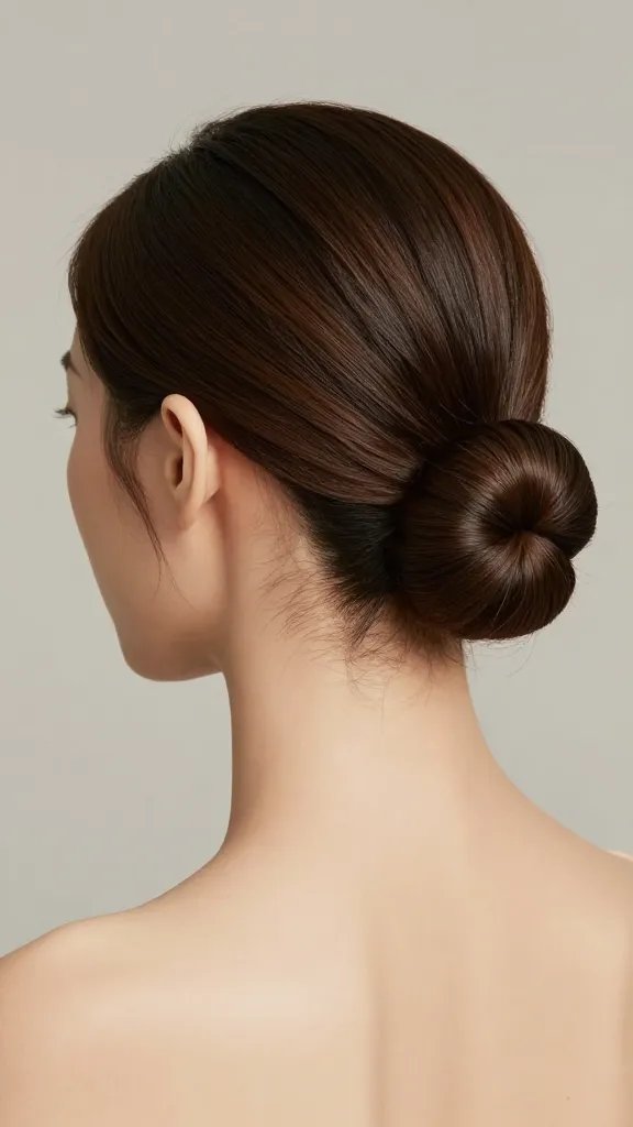 Create a high-resolution, realistic, editorial-style food photography image that features a minimalist, soft bun hairstyle as the main focus, with the subject posed in a head-and-shoulders portrait. The subject should have a low, gracefully curved bun and a defined neck accentuated by smooth, clean lines, conveying a subtle, professional vibe. The lighting should be soft and flattering, with gentle directional highlights that emphasize the contours of the neck and the delicate silhouette of the bun. Use a neutral, sophisticated backdrop (light gray or warm beige) to enhance the elegant, modern feel. The composition should be tight enough to showcase the hair texture and bun shape while ensuring the neck line remains prominent. No text on the image.