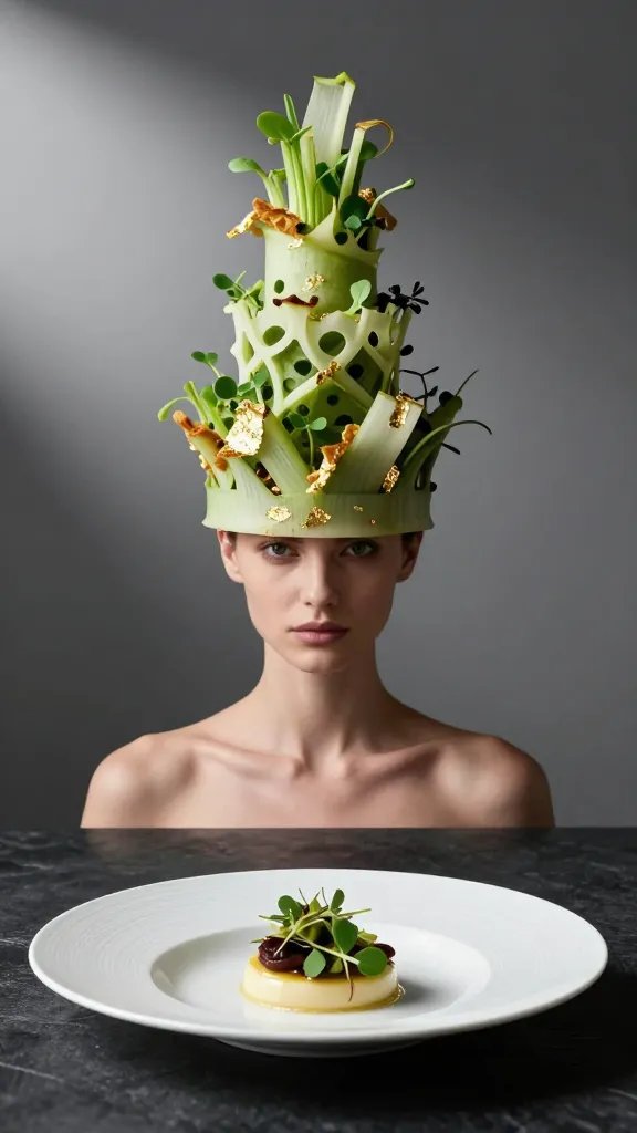 Create a high-resolution, realistic food photography-inspired image prompt, adapted from the article section "Tiered Crown with Sleek Neckline" but featuring a dramatic culinary presentation: a bold, tiered crown-inspired garnish atop a sleek, pristine plate. The main subject is a head-and-shoulders portrait of a chef-model (or stylistic figure) with a multi-tiered edible crown placed atop a straight, elegant neck, blending drama with refinement. The plate should be minimalistic white porcelain on a dark, textured tabletop. The crown consists of three distinct tiers: a small base tier, a mid-tier with intricate cutouts, and a top tier with delicate curls, all crafted from edible elements such as thin vegetable ribbons, microgreens, edible gold leaf, and crisps. The neck and shoulders appear clean and refined, with a sharp, defined line along the collarbone to emphasize sleekness. Lighting is studio-style, soft yet directional from the upper left, creating gentle shadows and high contrast to highlight the crown&rsquo;s structure and the neck&rsquo;s contour. Use bold, clean shapes and ample negative space around the subject to mimic a premium editorial portrait. The color palette should be natural and restrained: whites, greens, and subtle metallic accents, ensuring the edible crown remains the focal point. No text or watermarks on the image. The subject&rsquo;s expression is poised and confident, embodying bold formality.