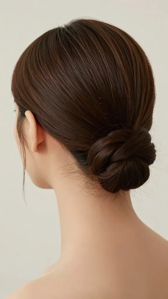 Generate a hyper-realistic, high-resolution photo of a model showcasing a minimalist updo with hidden details. The hairstyle should be clean and elegant, with discreet twists or pin lines subtly visible to create depth, as if revealed upon closer inspection. The overall look is polished and professional, suitable for a formal setting. The lighting should be soft and flattering, highlighting the smooth silhouette of the updo and the delicate hidden details without any overt embellishments. The background should be neutral and unobtrusive to keep the focus on the hairstyle, and the model's expression should be calm and poised. No visible text or branding on the image.