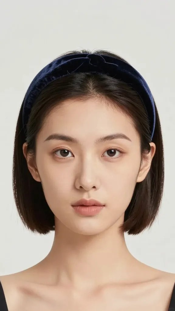Create a high-definition, realistic portrait photo of a woman with a tailored bob hairstyle, front-facing head-and-shoulders composition. The bob should have a precise, smooth line along the jaw, framing the face cleanly, ending just below the chin. Add a luxurious velvet headband that sits across the top of the head, curling slightly around the crown for subtle volume, with rich, deep velvet texture and subtle sheen to convey opulence. The lighting should be soft and flattering, with gentle shadows to accentuate the haircut&rsquo;s structure and the velvety accessory, against a clean, neutral background. The overall mood is elegant and professional, suitable for formal looks, with no visible text on the image.