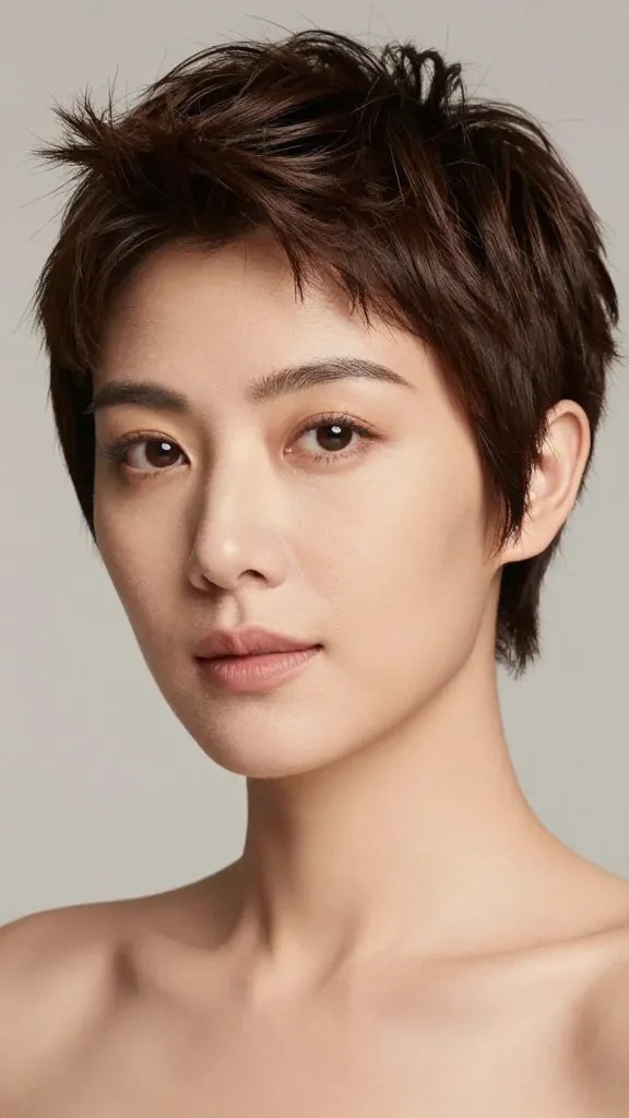 Create a hyper-realistic, high-resolution portrait photo of a woman with a short blowout hairstyle, featuring pronounced volume at the crown and smooth, rounded sides for a lively yet refined look. Capture a head-and-shoulders composition with soft studio lighting that highlights the crown lift and glossy, healthy hair texture. The subject should convey confident elegance with a natural, composed expression and a subtle, flattering skin tone. Use a neutral, seamless background to keep full attention on the hairstyle, with crisp, precise details in the hair fibers and subtle shadows that emphasize the volume and shape. No text anywhere in the image.