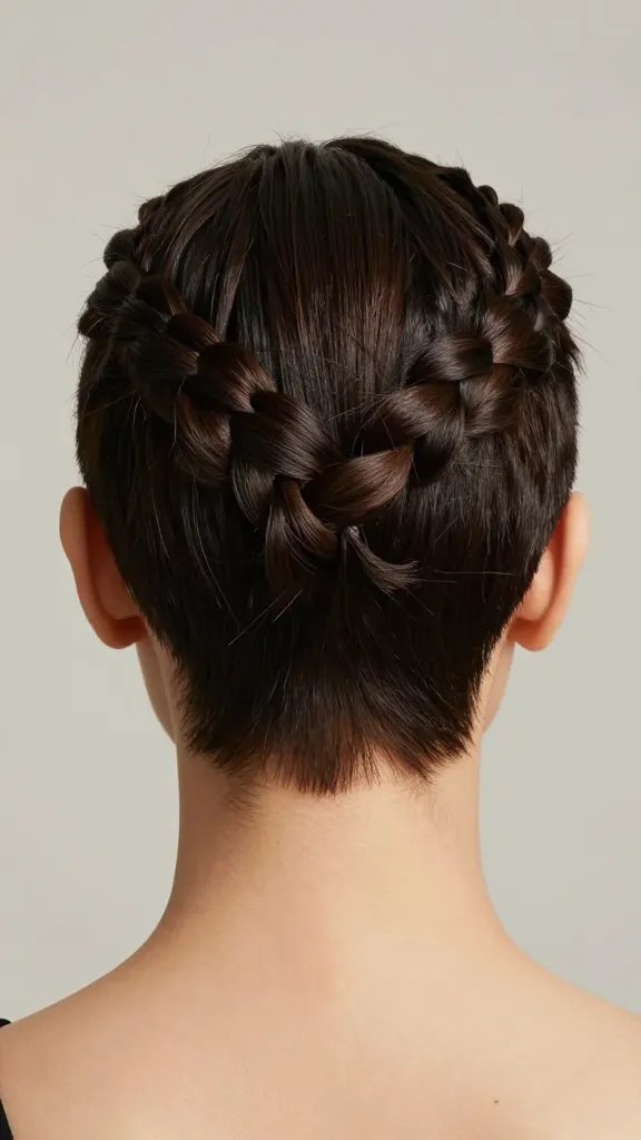 Generate a hyper-realistic, high-resolution photo of a professional, short-cropped hairstyle featuring a tidy crown braid. The main subject is a head-and-shoulders portrait of a confident individual with a sleek, modern short cut, the crown braid wrapping gently along the crown and flowing into a subtle, polished updo. The braid should be neat and textured but not overpowering, integrated seamlessly into the hairstyle to convey creativity and business-savvy polish. The lighting is clean and flattering, with soft shadows to emphasize the braid&rsquo;s intricate pattern and the smooth, glossy finish of the short hair. The background is neutral and uncluttered to keep full focus on the hairstyle, and the overall mood should be professional, elegant, and approachable. No text on the image.