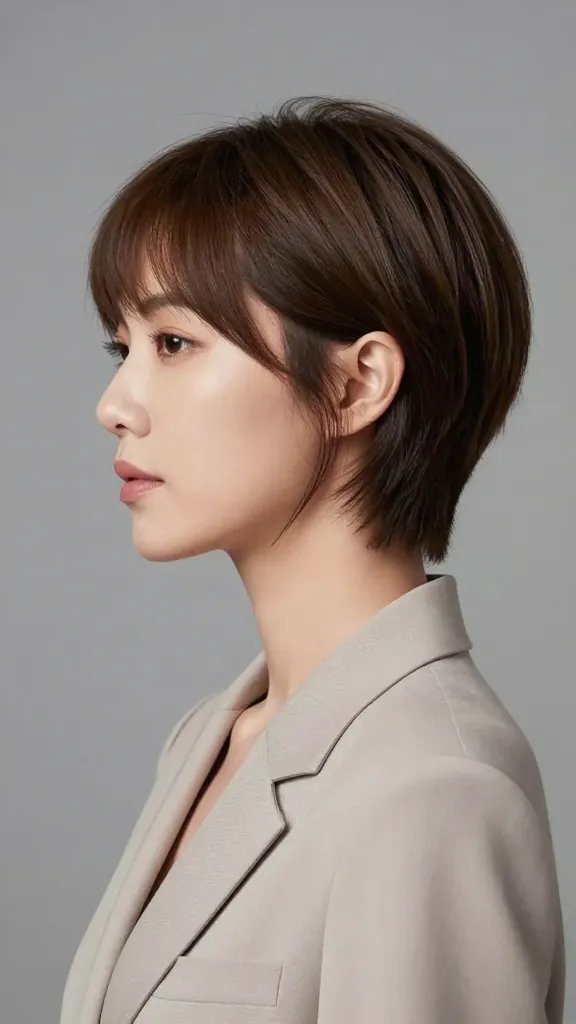 Create a high-resolution, photorealistic portrait of a professional woman with a formal asymmetric short hairstyle that has a soft finish. Capture a three-quarter view head-and-shoulders shot, showing an angled side with a longer top that gently tapers at the back. The lighting should be soft yet sculpted, highlighting smooth textures of the hair and the refined contours of the face. The subject should wear a tailored blazer or formal blouse in neutral tones, with clean, minimal accessories to emphasize elegance and approachability. The background should be a subtle, blurred studio backdrop in cool gray tones to keep focus on the hair and face. Ensure the hairstyle combines dynamic angles with gentle curves, creating a balanced formal vibe. No text on the image.