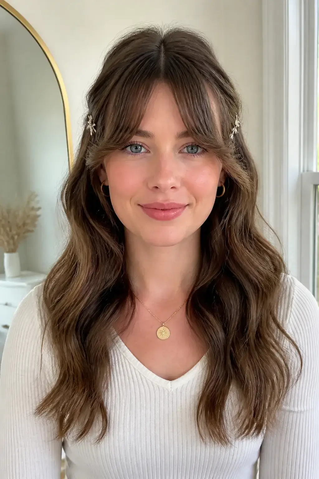 Textured Curtain Bangs with Pins. Ignore any unrelated niche, random portrait, bald person or filler scene. Show the exact hairstyle on a real living model with natural hair texture, full head in frame, lively face when visible.. light waves, understated makeup, clean mirror-like backdrop, natural light,. Textured Curtain Bangs with Pins Soft curtain bangs frame the face and a few decorative pins add sparkle. This is ideal for square faces where you want to soften the jawline. Keep the texture light to avoid heavy styling. Step-by-step: Create gentle waves with a flat iron, part in the middle, pin back small sections Distinct composition for this a real living woman modelling the hairstyle, head-and-shoulders front view, complete hairstyle and full face in frame, soft daylight. Photorealistic natural light unless this is a coloring page.. full subject clearly in frame, natural composition, realistic scale. high quality photorealistic image, sharp focus, natural true-to-life colors, realistic materials and proportions, one clear main subject, uncluttered background, only props that directly match the topic and section Clean camera photo with plain unmarked real-world surfaces only &mdash; no text, no words, no letters, no numbers, no captions, no titles, no labels, no signs, no watermark, no logo, no poster typography, no handwriting, no subtitles, no UI. Clean printable line-art only when explicitly requested, still no text or labels.