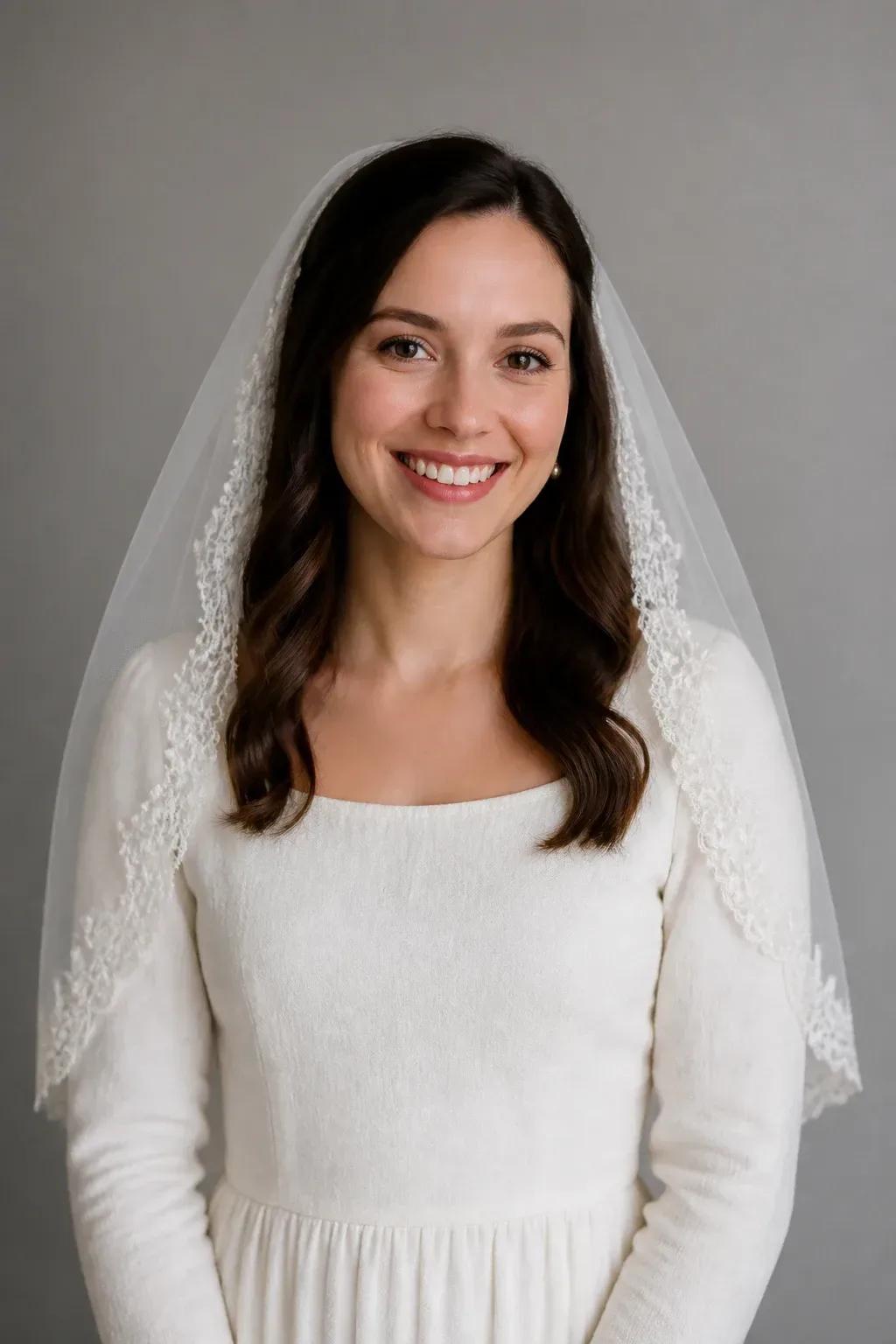 Candid professional photograph of a genuine real human model with lifelike skin and a natural expression. PG-rated, family-safe, modest editorial stock photograph. Any visible person is fully dressed in normal everyday clothing before anything else: shirt or top on, shoulders covered, chest covered, torso covered, waist covered, legs modestly covered, relaxed natural pose. cathedral veil partially visible, calm studio setting, diffused light,. complete face and entire head comfortably inside the frame, clearly visible, sharp and in focus, generous headroom, unobstructed face, bright expressive eyes, natural warm smile, lively alert expression. genuine real human model in a candid professional photograph, lifelike warm skin texture, real pores, natural human expression, realistic body proportions. single natural human body with believable ordinary posture, arms naturally attached to the shoulders, no extra arms, no extra hands, no floating hands, no disembodied limbs, no duplicate face, no cloned body parts, no warped fingers, no impossible pose. wholesome family-friendly safe-for-work image. If any human appears, use tasteful modest everyday clothing with upper body, shoulders, chest, torso, waist and legs covered, natural simple relatable styling, calm neutral mood, appropriate for a general audience. high quality photorealistic image, sharp focus, natural true-to-life colors, coherent realistic anatomy, exactly two arms per visible person, exactly two hands per visible person, five fingers on each visible hand, one unique natural face per visible person, balanced facial symmetry, one clear main subject, uncluttered background, only props that directly match the topic and section Clean camera photo with plain unmarked real-world surfaces only &mdash; no text, no words, no letters, no numbers, no captions, no titles, no labels, no signs, no watermark, no logo, no poster typography, no handwriting, no subtitles, no UI. Only camera-captured realistic photography of real physical subjects in one uninterrupted natural scene, with authentic materials, natural depth, realistic lighting, coherent perspective and natural textures.