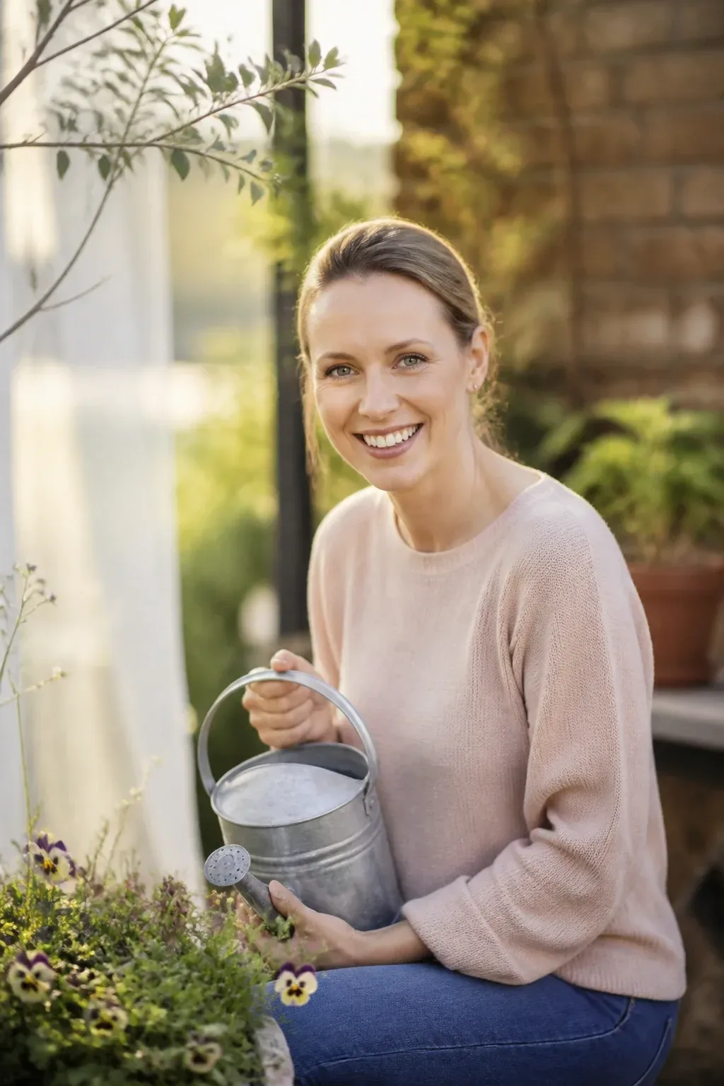 Candid professional photograph of a genuine real human model with lifelike skin and a natural expression. PG-rated, family-safe, modest editorial stock photograph. Any visible person is fully dressed in normal everyday clothing before anything else: shirt or top on, shoulders covered, chest covered, torso covered, waist covered, legs modestly covered, relaxed natural pose. light veil at side, airy outdoor garden feeling, soft golden-hour light,. complete face and entire head comfortably inside the frame, clearly visible, sharp and in focus, generous headroom, unobstructed face, bright expressive eyes, natural warm smile, lively alert expression. genuine real human model in a candid professional photograph, lifelike warm skin texture, real pores, natural human expression, realistic body proportions. single natural human body with believable ordinary posture, arms naturally attached to the shoulders, no extra arms, no extra hands, no floating hands, no disembodied limbs, no duplicate face, no cloned body parts, no warped fingers, no impossible pose. wholesome family-friendly safe-for-work image. If any human appears, use tasteful modest everyday clothing with upper body, shoulders, chest, torso, waist and legs covered, natural simple relatable styling, calm neutral mood, appropriate for a general audience. high quality photorealistic image, sharp focus, natural true-to-life colors, coherent realistic anatomy, exactly two arms per visible person, exactly two hands per visible person, five fingers on each visible hand, one unique natural face per visible person, balanced facial symmetry, one clear main subject, uncluttered background, only props that directly match the topic and section Clean camera photo with plain unmarked real-world surfaces only &mdash; no text, no words, no letters, no numbers, no captions, no titles, no labels, no signs, no watermark, no logo, no poster typography, no handwriting, no subtitles, no UI. Only camera-captured realistic photography of real physical subjects in one uninterrupted natural scene, with authentic materials, natural depth, realistic lighting, coherent perspective and natural textures.
