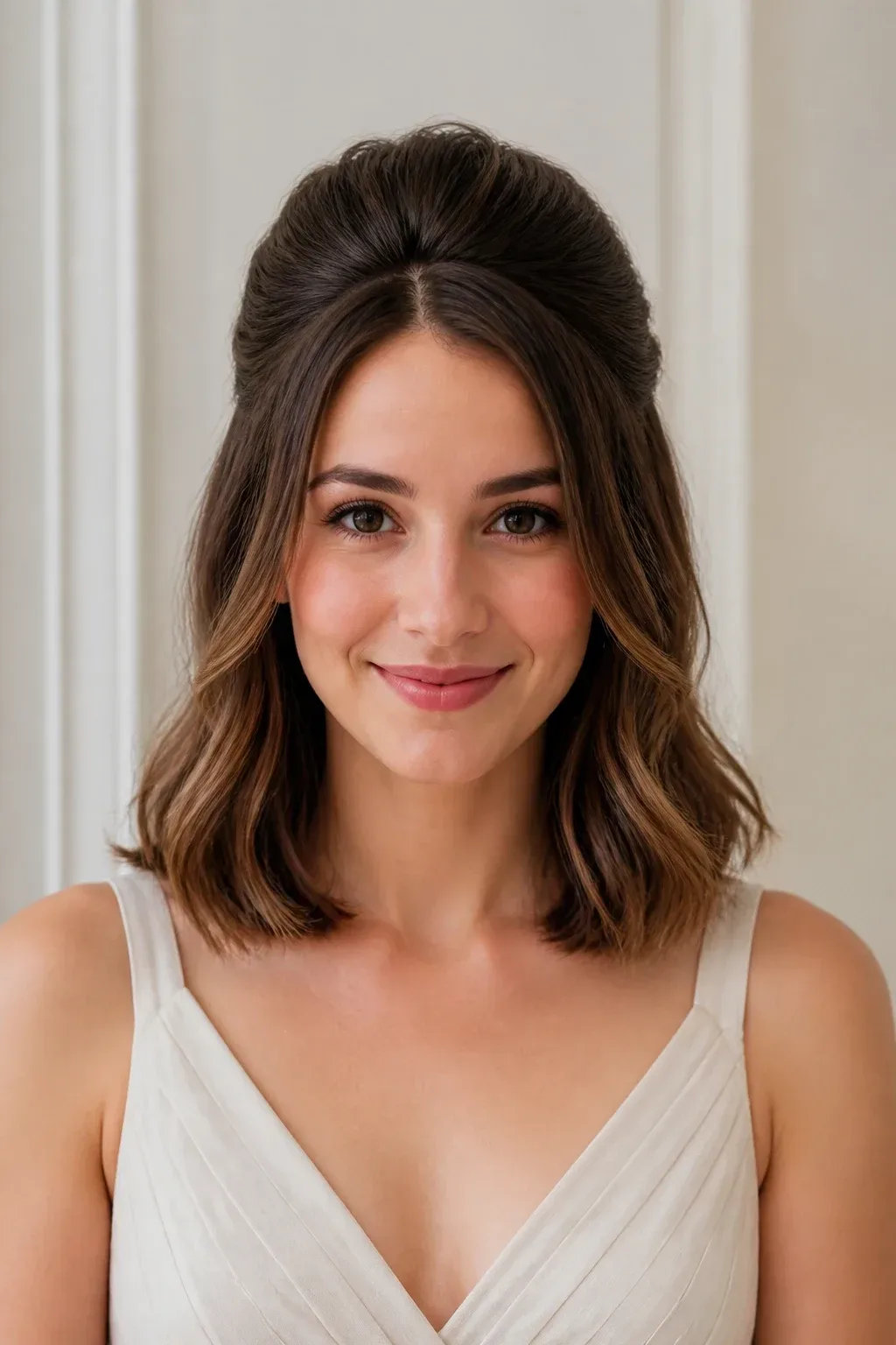 Half-Up Bouffant with Twist. Ignore any unrelated niche, random portrait, bald person or filler scene. Show the exact hairstyle on a real living model with natural hair texture, full head in frame, lively face when visible.. Half- twist pinned at back, gown hint, warm studio light, uncluttered background,. Half-Up Bouffant with Twist A gentle lift at the crown can transform a simple bob into a wedding-ready style. Keep the volume controlled to avoid looking dated. Works well with gowns. Step-by-step: Tease lightly at the crown, gather the top half, twist, and pin at the back. Finish with a light mist to hol Distinct composition for this a real living woman modelling the hairstyle, head-and-shoulders front view, complete hairstyle and full face in frame, soft daylight. Photorealistic natural light unless this is a coloring page.. full subject clearly in frame, natural composition, realistic scale. high quality photorealistic image, sharp focus, natural true-to-life colors, realistic materials and proportions, one clear main subject, uncluttered background, only props that directly match the topic and section Clean camera photo with plain unmarked real-world surfaces only &mdash; no text, no words, no letters, no numbers, no captions, no titles, no labels, no signs, no watermark, no logo, no poster typography, no handwriting, no subtitles, no UI. Clean printable line-art only when explicitly requested, still no text or labels.