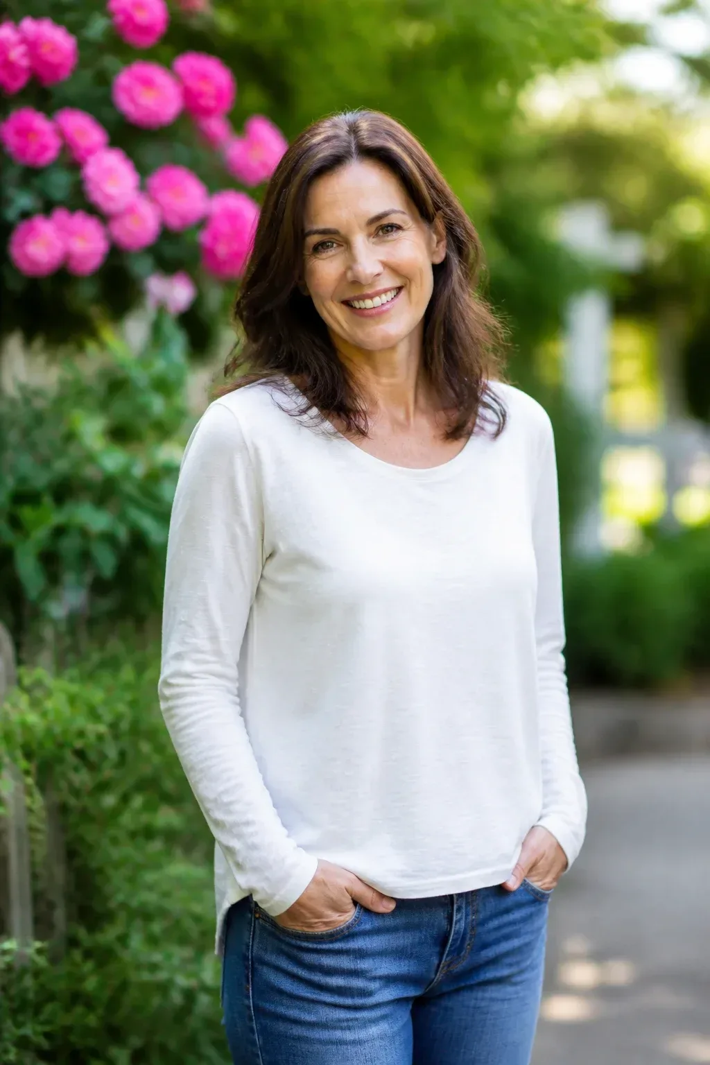 Candid professional photograph of a genuine real human model with lifelike skin and a natural expression. PG-rated, family-safe, modest editorial stock photograph. Any visible person is fully dressed in normal everyday clothing before anything else: shirt or top on, shoulders covered, chest covered, torso covered, waist covered, legs modestly covered, relaxed natural pose. hair tucked behind ear, soft-focus garden backdrop, morning light,. complete face and entire head comfortably inside the frame, clearly visible, sharp and in focus, generous headroom, unobstructed face, bright expressive eyes, natural warm smile, lively alert expression. genuine real human model in a candid professional photograph, lifelike warm skin texture, real pores, natural human expression, realistic body proportions. single natural human body with believable ordinary posture, arms naturally attached to the shoulders, no extra arms, no extra hands, no floating hands, no disembodied limbs, no duplicate face, no cloned body parts, no warped fingers, no impossible pose. wholesome family-friendly safe-for-work image. If any human appears, use tasteful modest everyday clothing with upper body, shoulders, chest, torso, waist and legs covered, natural simple relatable styling, calm neutral mood, appropriate for a general audience. high quality photorealistic image, sharp focus, natural true-to-life colors, coherent realistic anatomy, exactly two arms per visible person, exactly two hands per visible person, five fingers on each visible hand, one unique natural face per visible person, balanced facial symmetry, one clear main subject, uncluttered background, only props that directly match the topic and section Clean camera photo with plain unmarked real-world surfaces only &mdash; no text, no words, no letters, no numbers, no captions, no titles, no labels, no signs, no watermark, no logo, no poster typography, no handwriting, no subtitles, no UI. Only camera-captured realistic photography of real physical subjects in one uninterrupted natural scene, with authentic materials, natural depth, realistic lighting, coherent perspective and natural textures.