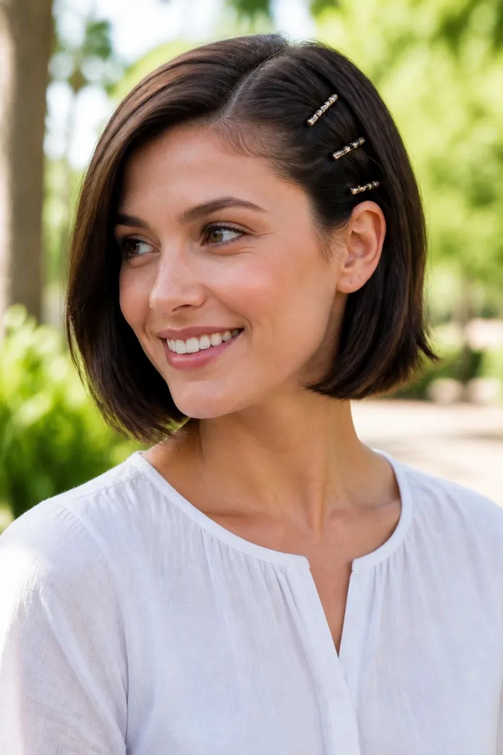 Minimalist Shine with Fine-Tinned Clips. Ignore any unrelated niche, random portrait, bald person or filler scene. Show the exact hairstyle on a real living model with natural hair texture, full head in frame, lively face when visible.. Minimalist Shine with Fine- clean flat background, natural daylight,. Minimalist Shine with Fine-Tinned Clips Sometimes less is more. Tiny metallic clips distributed along the side can catch light. It&rsquo;s perfect for fine, smooth bob textures. Step-by-step: Clean, dry hair; place clips at even intervals along one side, keeping the rest sle Distinct composition for this a real living woman at a three-quarter angle showing volume and shape, warm golden light, outdoor greenery. Photorealistic natural light unless this is a coloring page.. full subject clearly in frame, natural composition, realistic scale. high quality photorealistic image, sharp focus, natural true-to-life colors, realistic materials and proportions, one clear main subject, uncluttered background, only props that directly match the topic and section Clean camera photo with plain unmarked real-world surfaces only &mdash; no text, no words, no letters, no numbers, no captions, no titles, no labels, no signs, no watermark, no logo, no poster typography, no handwriting, no subtitles, no UI. Clean printable line-art only when explicitly requested, still no text or labels.