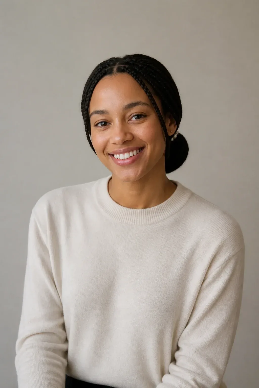 Candid professional photograph of a genuine real human model with lifelike skin and a natural expression. PG-rated, family-safe, modest editorial stock photograph. Any visible person is fully dressed in normal everyday clothing before anything else: shirt or top on, shoulders covered, chest covered, torso covered, waist covered, legs modestly covered, relaxed natural pose. bob pulled into a neat low bun at the nape with delicate baby braids framing the face, neutral backdrop, natural morning light, subtle pearl pins visible,. complete face and entire head comfortably inside the frame, clearly visible, sharp and in focus, generous headroom, unobstructed face, bright expressive eyes, natural warm smile, lively alert expression. genuine real human model in a candid professional photograph, lifelike warm skin texture, real pores, natural human expression, realistic body proportions. single natural human body with believable ordinary posture, arms naturally attached to the shoulders, no extra arms, no extra hands, no floating hands, no disembodied limbs, no duplicate face, no cloned body parts, no warped fingers, no impossible pose. wholesome family-friendly safe-for-work image. If any human appears, use tasteful modest everyday clothing with upper body, shoulders, chest, torso, waist and legs covered, natural simple relatable styling, calm neutral mood, appropriate for a general audience. high quality photorealistic image, sharp focus, natural true-to-life colors, coherent realistic anatomy, exactly two arms per visible person, exactly two hands per visible person, five fingers on each visible hand, one unique natural face per visible person, balanced facial symmetry, one clear main subject, uncluttered background, only props that directly match the topic and section Clean camera photo with plain unmarked real-world surfaces only &mdash; no text, no words, no letters, no numbers, no captions, no titles, no labels, no signs, no watermark, no logo, no poster typography, no handwriting, no subtitles, no UI. Only camera-captured realistic photography of real physical subjects in one uninterrupted natural scene, with authentic materials, natural depth, realistic lighting, coherent perspective and natural textures.