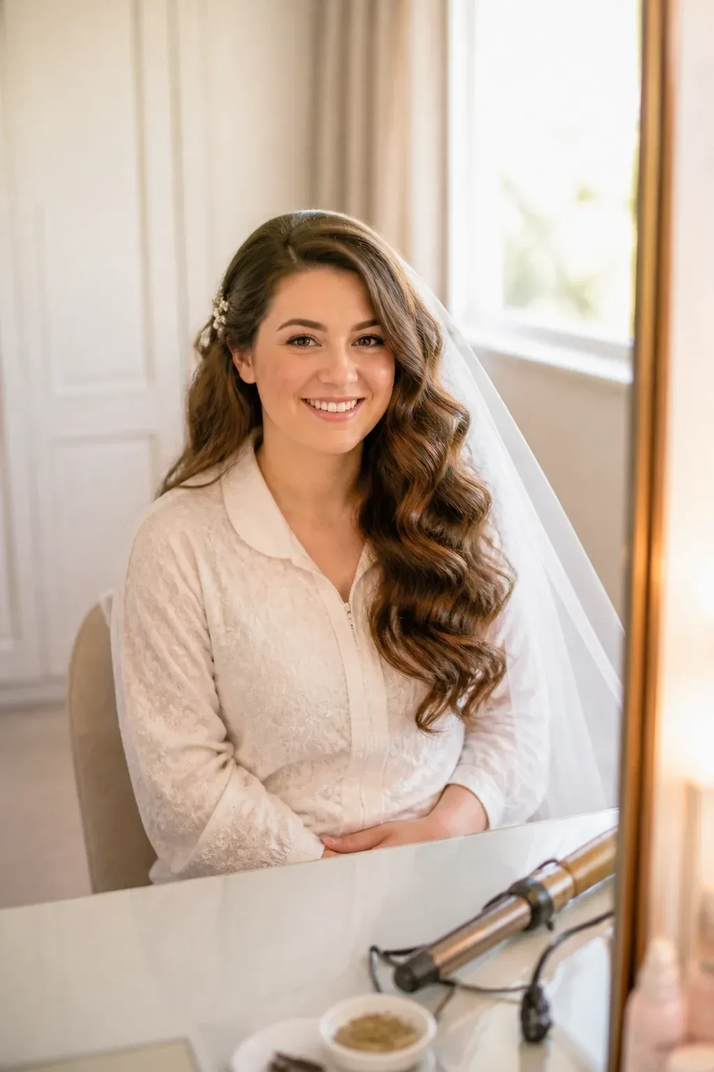 Candid professional photograph of a genuine real human model with lifelike skin and a natural expression. PG-rated, family-safe, modest editorial stock photograph. Any visible person is fully dressed in normal everyday clothing before anything else: shirt or top on, shoulders covered, chest covered, torso covered, waist covered, legs modestly covered, relaxed natural pose. Soft Side- voluminous curls swept to one side, veil and floral pins, curling wand resting nearby on a clean vanity, warm natural light,. complete face and entire head comfortably inside the frame, clearly visible, sharp and in focus, generous headroom, unobstructed face, bright expressive eyes, natural warm smile, lively alert expression. genuine real human model in a candid professional photograph, lifelike warm skin texture, real pores, natural human expression, realistic body proportions. single natural human body with believable ordinary posture, arms naturally attached to the shoulders, no extra arms, no extra hands, no floating hands, no disembodied limbs, no duplicate face, no cloned body parts, no warped fingers, no impossible pose. wholesome family-friendly safe-for-work image. If any human appears, use tasteful modest everyday clothing with upper body, shoulders, chest, torso, waist and legs covered, natural simple relatable styling, calm neutral mood, appropriate for a general audience. high quality photorealistic image, sharp focus, natural true-to-life colors, coherent realistic anatomy, exactly two arms per visible person, exactly two hands per visible person, five fingers on each visible hand, one unique natural face per visible person, balanced facial symmetry, one clear main subject, uncluttered background, only props that directly match the topic and section Clean camera photo with plain unmarked real-world surfaces only &mdash; no text, no words, no letters, no numbers, no captions, no titles, no labels, no signs, no watermark, no logo, no poster typography, no handwriting, no subtitles, no UI. Only camera-captured realistic photography of real physical subjects in one uninterrupted natural scene, with authentic materials, natural depth, realistic lighting, coherent perspective and natural textures.
