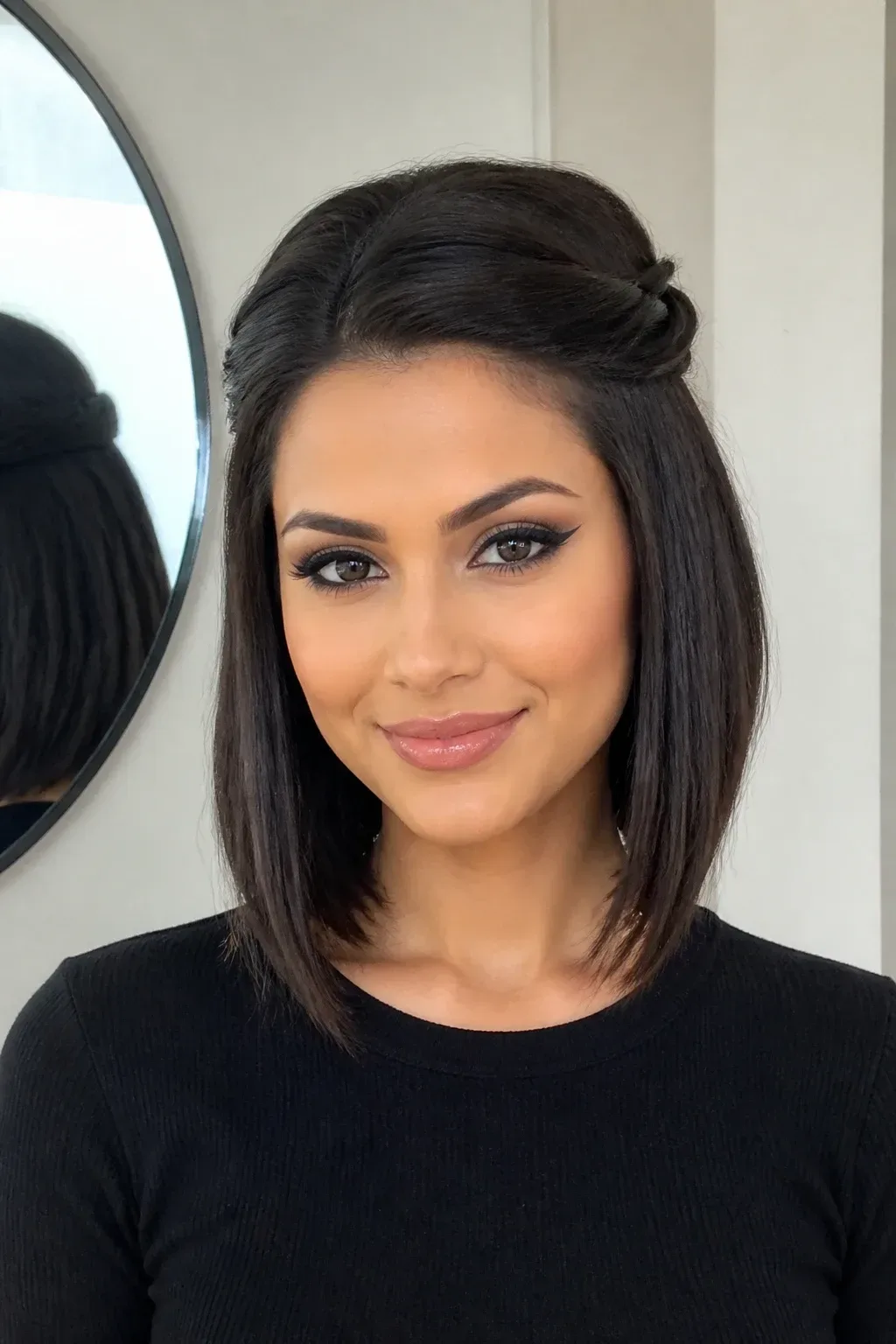 Sleek Angled Bob with Pin Back. Ignore any unrelated niche, random portrait, bald person or filler scene. Show the exact hairstyle on a real living model with natural hair texture, full head in frame, lively face when visible.. front sections pinned back, bold eye makeup, glossy finish, minimalist background and soft reflection on a mirror surface, natural light,. Sleek Angled Bob with Pin Back A sharp, polished finish reads modern and chic. Angle the lob slightly longer at the front and pin back small sections near the temples to keep hair off the face. This look flatters oval faces and works well with bold eye makeup. Step-by-step: Create a soft side part, smooth with smoot Distinct composition for this a real living woman modelling the hairstyle, head-and-shoulders front view, complete hairstyle and full face in frame, soft daylight. Photorealistic natural light unless this is a coloring page.. full subject clearly in frame, natural composition, realistic scale. high quality photorealistic image, sharp focus, natural true-to-life colors, realistic materials and proportions, one clear main subject, uncluttered background, only props that directly match the topic and section Clean camera photo with plain unmarked real-world surfaces only &mdash; no text, no words, no letters, no numbers, no captions, no titles, no labels, no signs, no watermark, no logo, no poster typography, no handwriting, no subtitles, no UI. Clean printable line-art only when explicitly requested, still no text or labels.