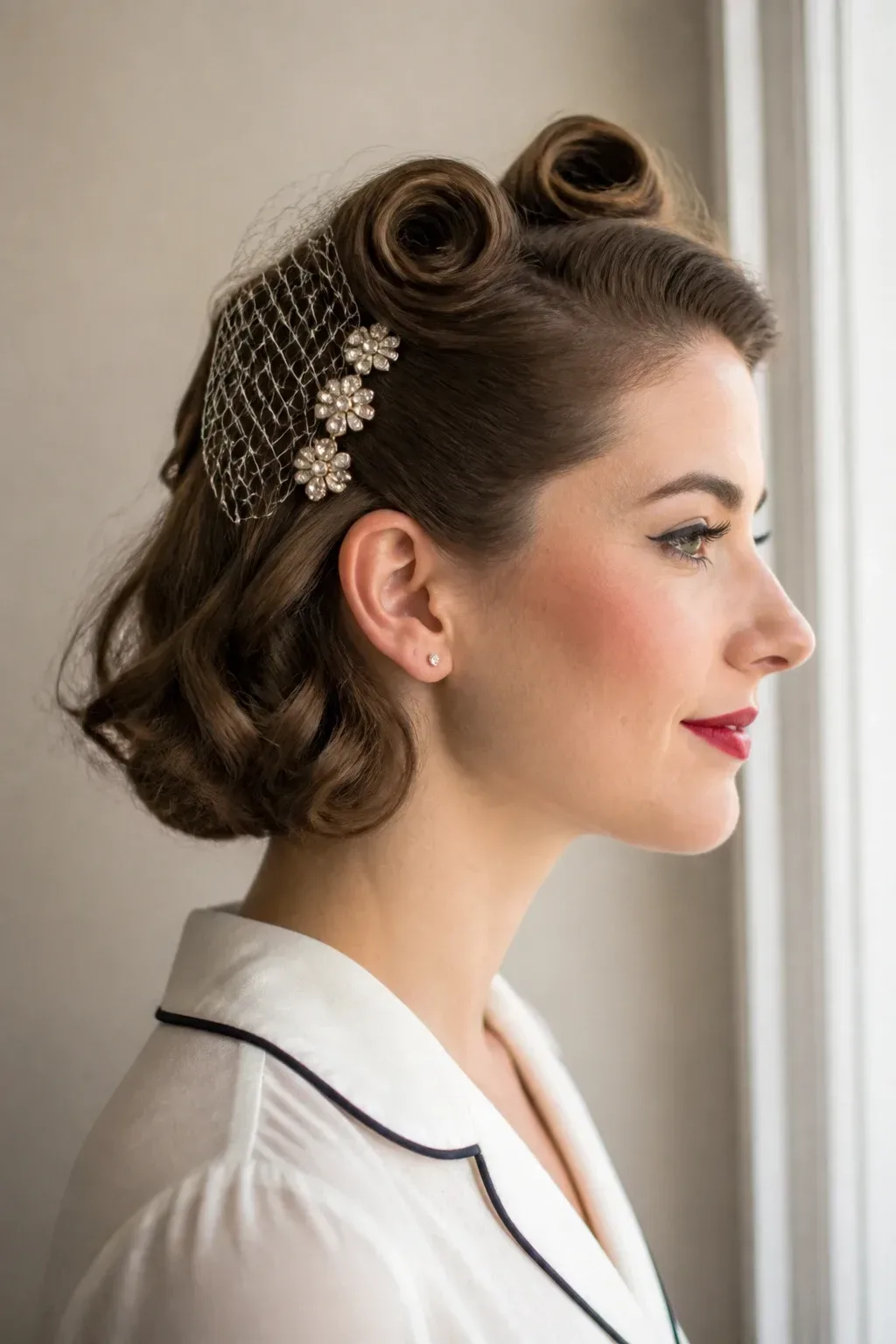 Vintage Victory Rolls. Ignore any unrelated niche, random portrait, bald person or filler scene. Show the exact hairstyle on a real living model with natural hair texture, full head in frame, lively face when visible.. rhinestone pins and a hint of birdcage veil, soft-focus backdrop, warm studio light,. Vintage Victory Rolls Mini victory rolls add a touch of retro charm without heavy styling. This works best on smooth, straight or lightly curled bob hair and pairs with rhinestone pins or a birdcage veil. Practice makes perfect, but a good hairspray fix helps maintain the roll. Step-by-step: Section hair near the cr Distinct composition for this a real living woman in side profile showing the hairstyle, soft window light, plain wall background. Photorealistic natural light unless this is a coloring page.. full subject clearly in frame, natural composition, realistic scale. high quality photorealistic image, sharp focus, natural true-to-life colors, realistic materials and proportions, one clear main subject, uncluttered background, only props that directly match the topic and section Clean camera photo with plain unmarked real-world surfaces only &mdash; no text, no words, no letters, no numbers, no captions, no titles, no labels, no signs, no watermark, no logo, no poster typography, no handwriting, no subtitles, no UI. Clean printable line-art only when explicitly requested, still no text or labels.