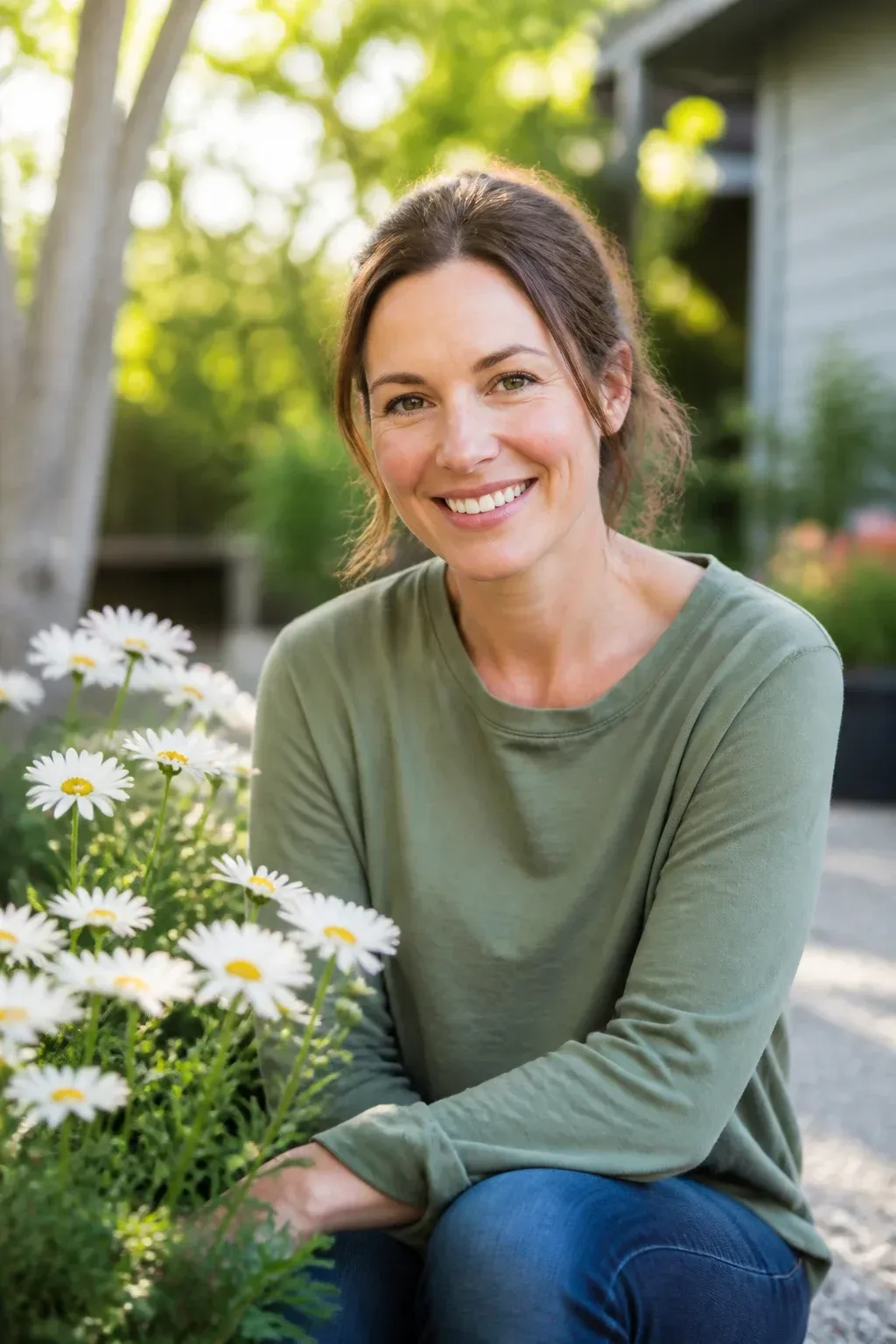 Candid professional photograph of a genuine real human model with lifelike skin and a natural expression. PG-rated, family-safe, modest editorial stock photograph. Any visible person is fully dressed in normal everyday clothing before anything else: shirt or top on, shoulders covered, chest covered, torso covered, waist covered, legs modestly covered, relaxed natural pose. loose strands framing face, outdoorsy garden backdrop, sunlit and airy,. complete face and entire head comfortably inside the frame, clearly visible, sharp and in focus, generous headroom, unobstructed face, bright expressive eyes, natural warm smile, lively alert expression. genuine real human model in a candid professional photograph, lifelike warm skin texture, real pores, natural human expression, realistic body proportions. single natural human body with believable ordinary posture, arms naturally attached to the shoulders, no extra arms, no extra hands, no floating hands, no disembodied limbs, no duplicate face, no cloned body parts, no warped fingers, no impossible pose. wholesome family-friendly safe-for-work image. If any human appears, use tasteful modest everyday clothing with upper body, shoulders, chest, torso, waist and legs covered, natural simple relatable styling, calm neutral mood, appropriate for a general audience. high quality photorealistic image, sharp focus, natural true-to-life colors, coherent realistic anatomy, exactly two arms per visible person, exactly two hands per visible person, five fingers on each visible hand, one unique natural face per visible person, balanced facial symmetry, one clear main subject, uncluttered background, only props that directly match the topic and section Clean camera photo with plain unmarked real-world surfaces only &mdash; no text, no words, no letters, no numbers, no captions, no titles, no labels, no signs, no watermark, no logo, no poster typography, no handwriting, no subtitles, no UI. Only camera-captured realistic photography of real physical subjects in one uninterrupted natural scene, with authentic materials, natural depth, realistic lighting, coherent perspective and natural textures.