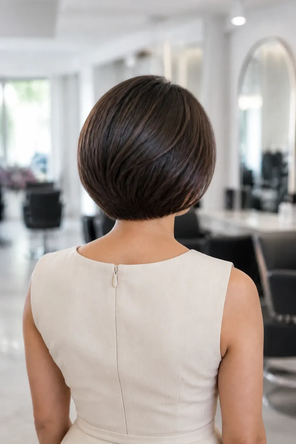 Tucked Under Pixie-Inspired Bob. Ignore any unrelated niche, random portrait, bald person or filler scene. Show the exact hairstyle on a real living model with natural hair texture, full head in frame, lively face when visible.. Tucked Under Pixie- smooth surface with a subtle gloss, simple sheath dress hint, bright natural light,. Tucked Under Pixie-Inspired Bob Angle the ends under to create a polished, sculpted silhouette that still feels modern. This look works great with a simple sheath dress and a subtle gloss finish. It&rsquo;s ideal for shorter bobs with a natural bend. Step-by-step: Part the hair, tuck the ends under with pins, and smooth t Distinct composition for this a real living woman seen from the back showing the hairstyle detail, natural light, blurred salon background. Photorealistic natural light unless this is a coloring page.. full subject clearly in frame, natural composition, realistic scale. high quality photorealistic image, sharp focus, natural true-to-life colors, realistic materials and proportions, one clear main subject, uncluttered background, only props that directly match the topic and section Clean camera photo with plain unmarked real-world surfaces only &mdash; no text, no words, no letters, no numbers, no captions, no titles, no labels, no signs, no watermark, no logo, no poster typography, no handwriting, no subtitles, no UI. Clean printable line-art only when explicitly requested, still no text or labels.