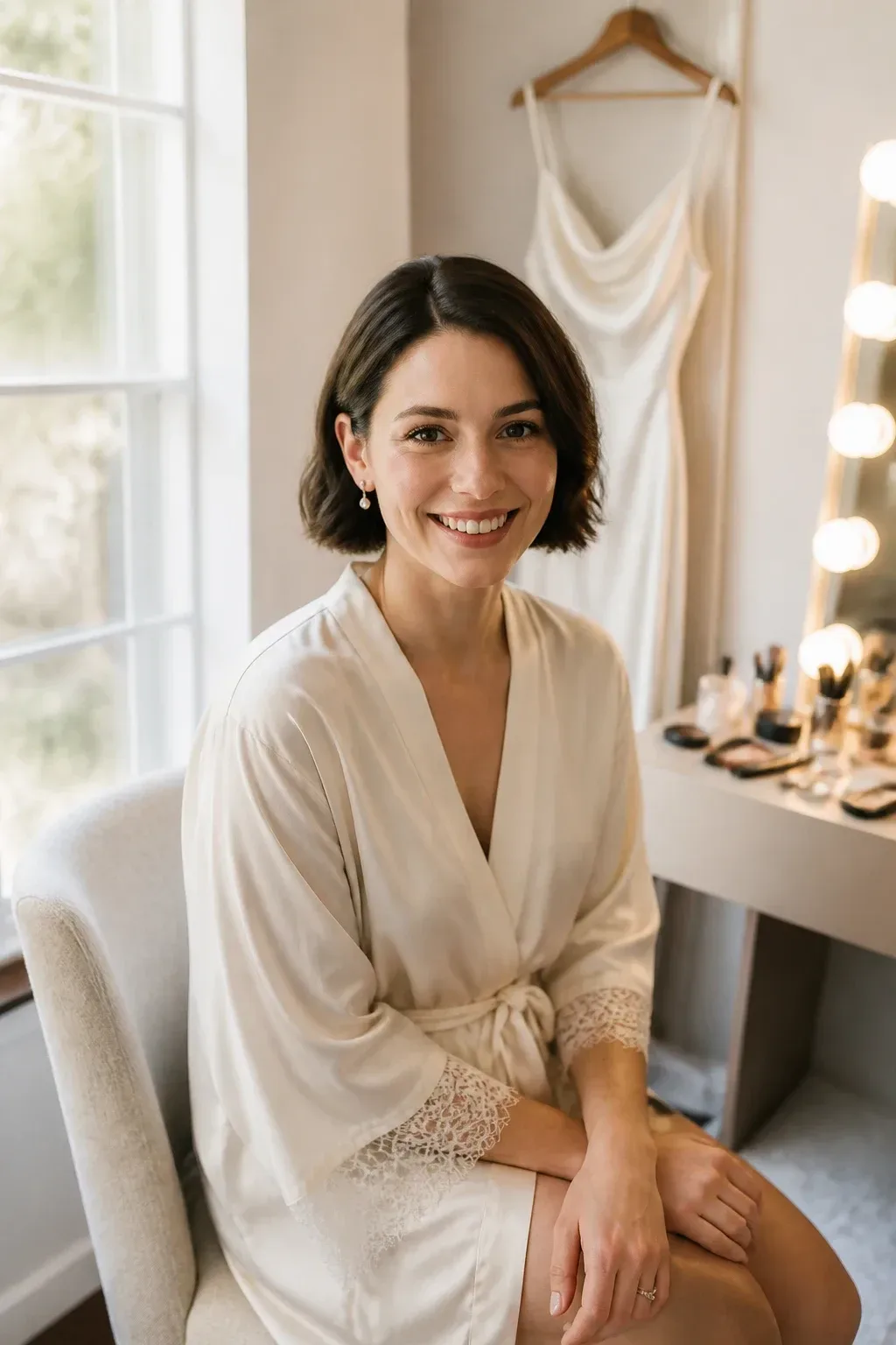 Candid professional photograph of a genuine real human model with lifelike skin and a natural expression. PG-rated, family-safe, modest editorial stock photograph. Any visible person is fully dressed in normal everyday clothing before anything else: shirt or top on, shoulders covered, chest covered, torso covered, waist covered, legs modestly covered, relaxed natural pose. real-life wedding prep scene showing a smiling bride with a chic short bob, soft natural light streaming through a window, a makeup mirror with glow, and a brushed satin wedding dress on a hanger in the background,. complete face and entire head comfortably inside the frame, clearly visible, sharp and in focus, generous headroom, unobstructed face, bright expressive eyes, natural warm smile, lively alert expression. genuine real human model in a candid professional photograph, lifelike warm skin texture, real pores, natural human expression, realistic body proportions. single natural human body with believable ordinary posture, arms naturally attached to the shoulders, no extra arms, no extra hands, no floating hands, no disembodied limbs, no duplicate face, no cloned body parts, no warped fingers, no impossible pose. wholesome family-friendly safe-for-work image. If any human appears, use tasteful modest everyday clothing with upper body, shoulders, chest, torso, waist and legs covered, natural simple relatable styling, calm neutral mood, appropriate for a general audience. high quality photorealistic image, sharp focus, natural true-to-life colors, coherent realistic anatomy, exactly two arms per visible person, exactly two hands per visible person, five fingers on each visible hand, one unique natural face per visible person, balanced facial symmetry, one clear main subject, uncluttered background, only props that directly match the topic and section Clean camera photo with plain unmarked real-world surfaces only &mdash; no text, no words, no letters, no numbers, no captions, no titles, no labels, no signs, no watermark, no logo, no poster typography, no handwriting, no subtitles, no UI. Only camera-captured realistic photography of real physical subjects in one uninterrupted natural scene, with authentic materials, natural depth, realistic lighting, coherent perspective and natural textures.