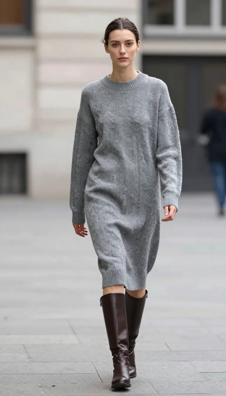 Knitted Midi Dress with Knee-High Boots