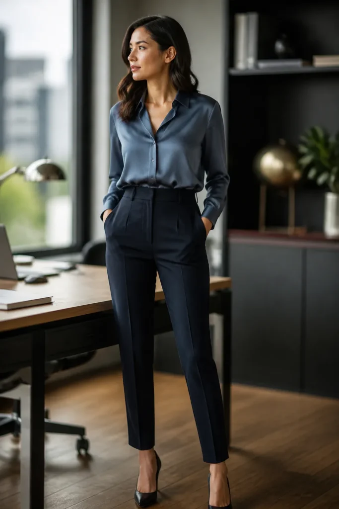 Silk Blouse with Tailored Trousers