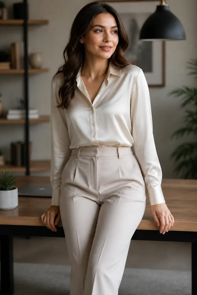 Silk Blouse with Tailored Trousers