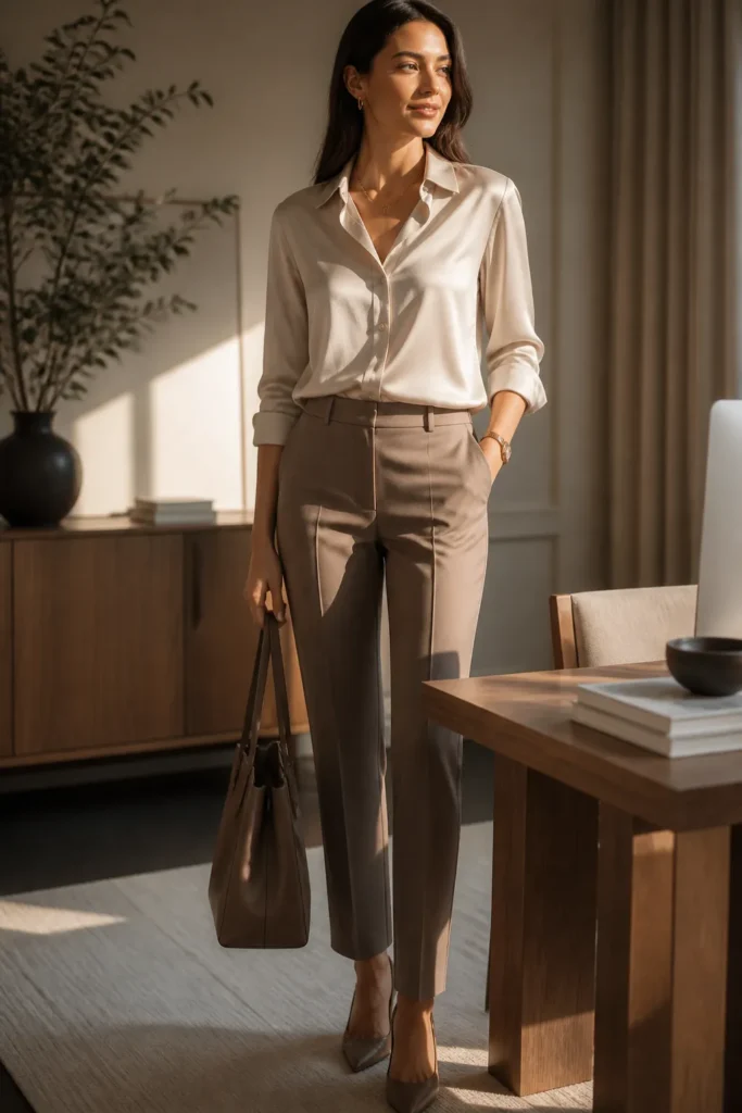 Silk Blouse with Tailored Trousers