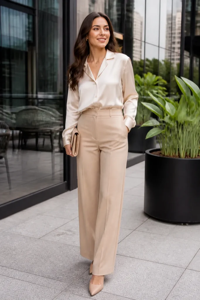 Silk Blouse with Tailored Trousers