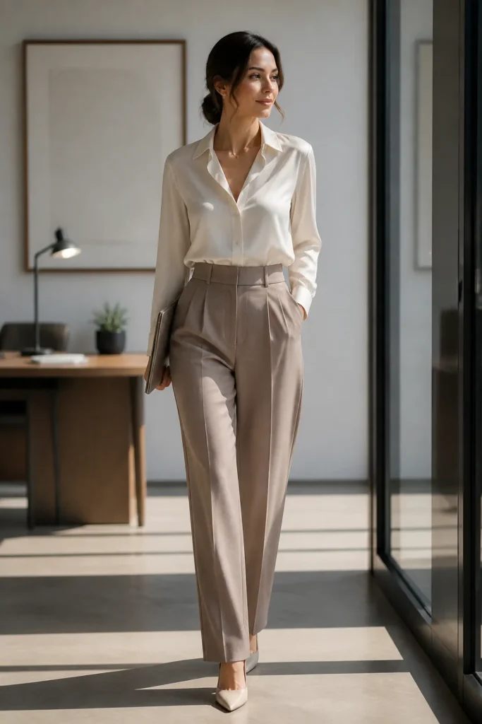 Silk Blouse with Tailored Trousers