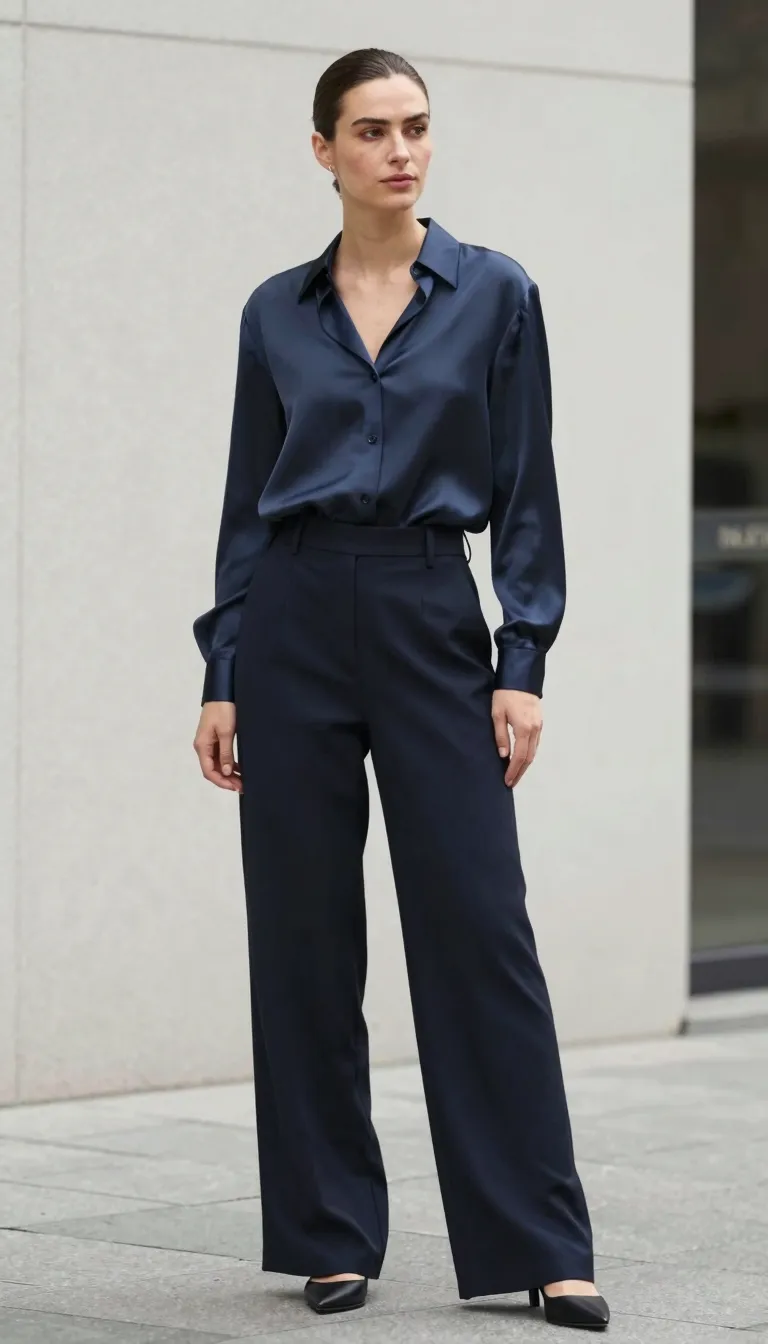 Silk Blouse with Wide-Leg Trousers