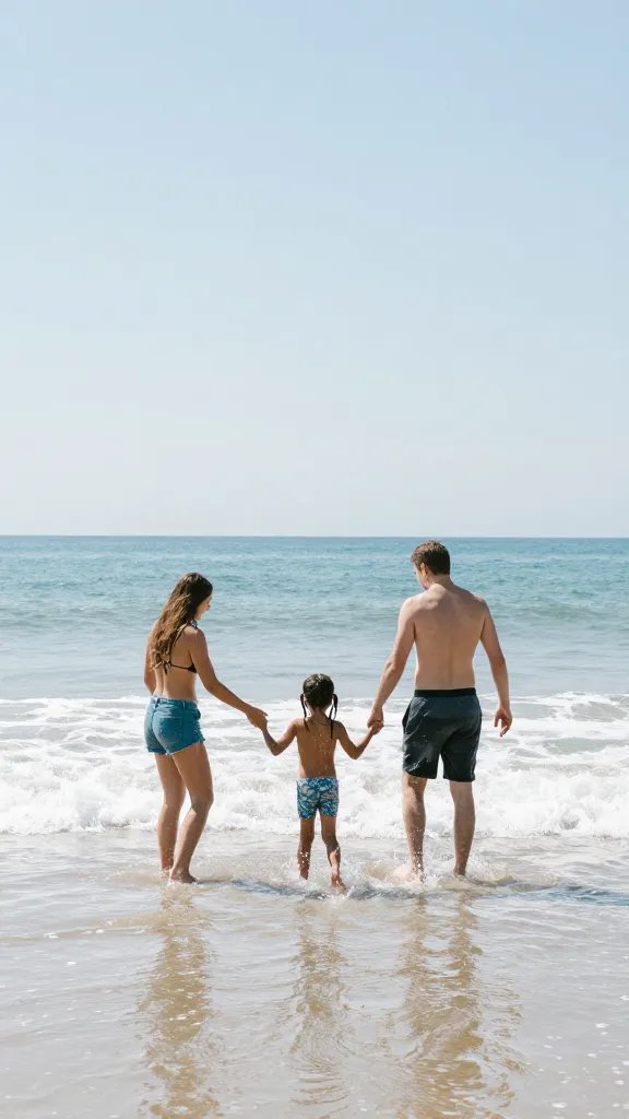 Family playing in shallow surf on sunny day