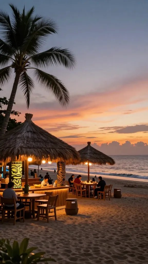 Beachside sunset glow over tiki-style cafés