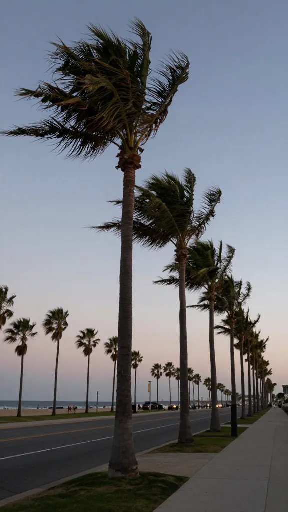 Wind-swept palm trees by the promenade at dusk