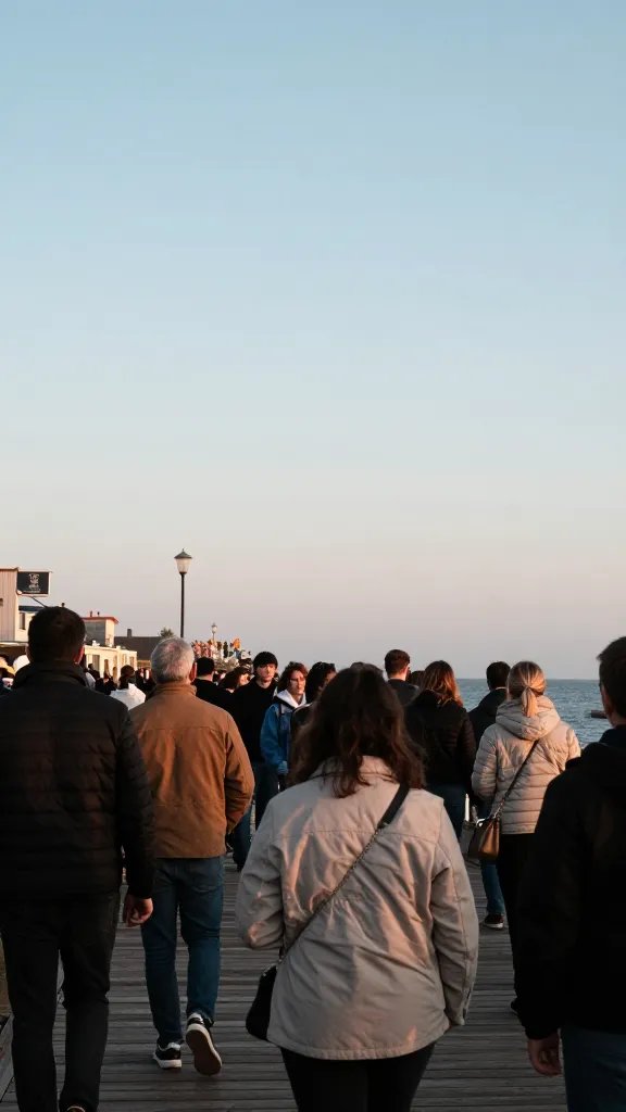 Boardwalk crowds with light jackets at evening chill