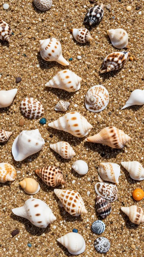 "conch shells colorful shoreline granular detail"