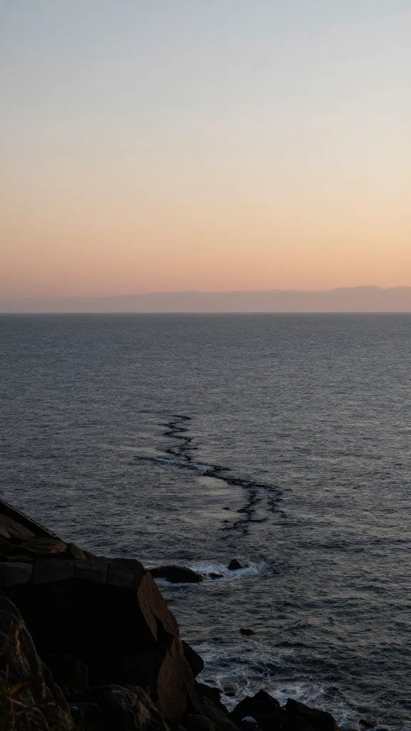 "narrow cove shoreline at dawn, minimalist"