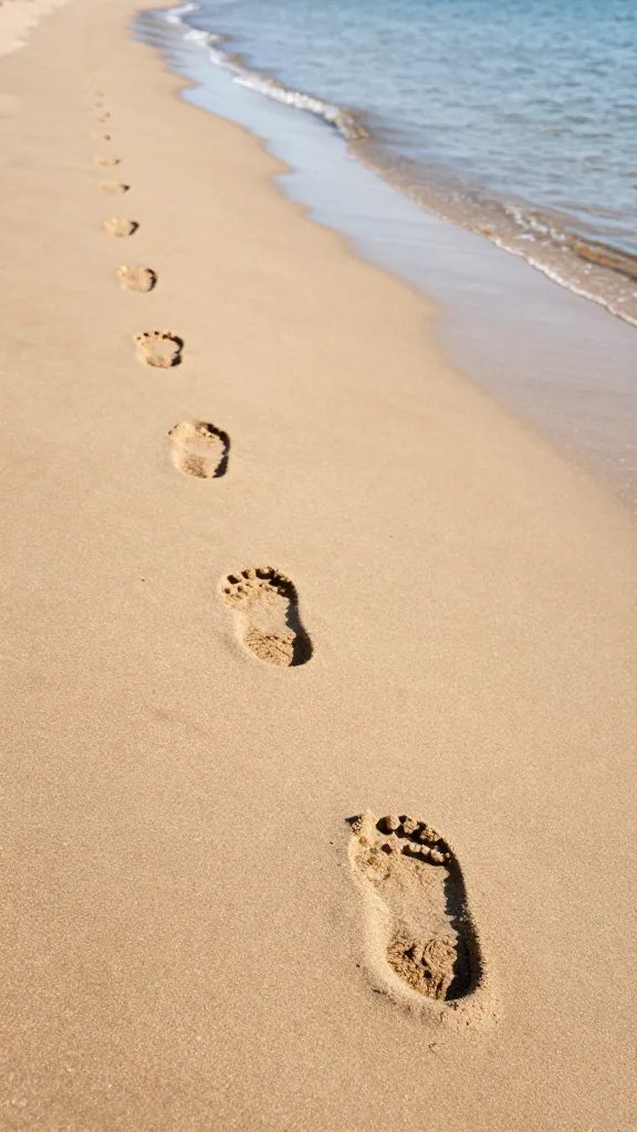 "footprints in sand leading to calm water"