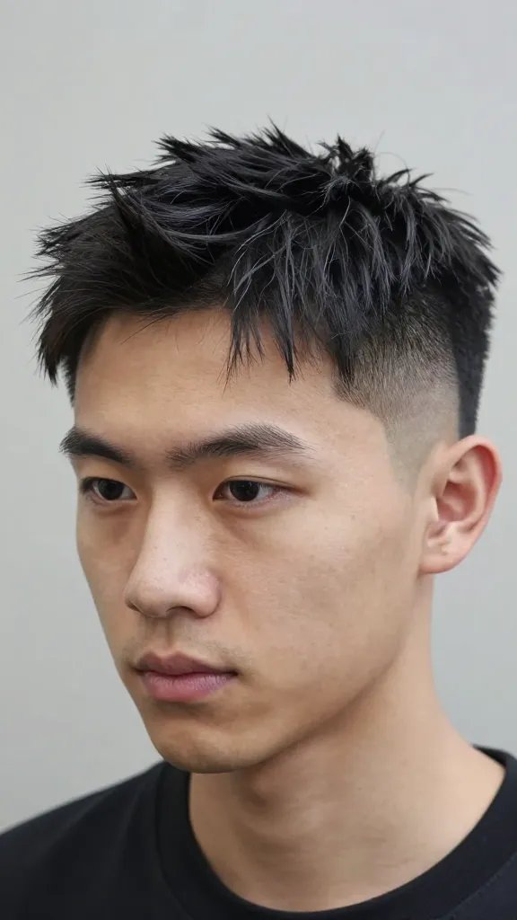 Create a high-resolution, realistic portrait of a stylish man from the shoulders up, showcasing "The Tapered Crown Drop" haircut. The subject has a modern, sharp look with a crown that is slightly longer (about 2 to 3 inches on top) and sides that taper into a crisp fade. The top should be versatile enough to appear slicked back in one section and naturally textured and slightly messy in another, reflecting minimal-effort styling. The overall vibe is polished and contemporary, with the crown providing subtle movement. The lighting is soft and natural, highlighting the smooth fade, the shine on the top, and the clean edges of the taper. The hair texture should look healthy with a light smoothing balm finish. The subject is centered, facing slightly to the left with a confident, understated expression, no background text or clutter.