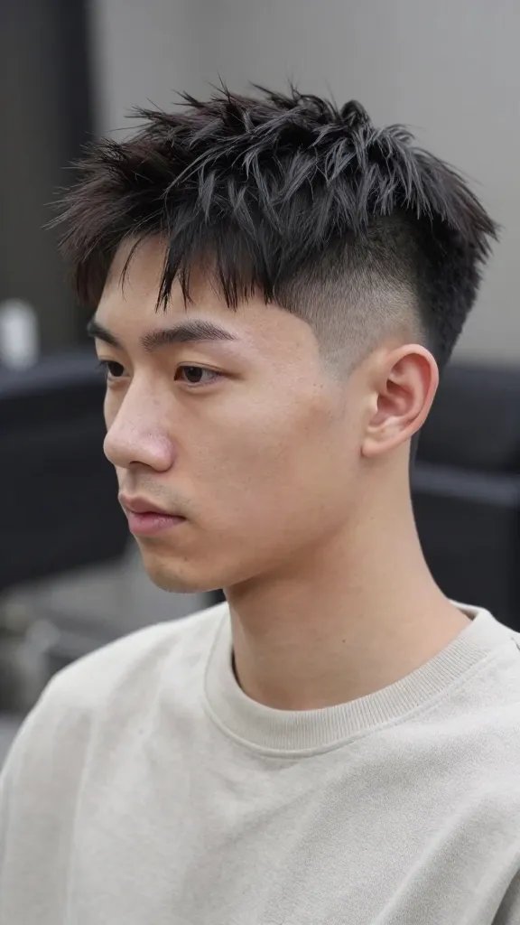 Create a hyper-realistic, high-resolution portrait of a stylish man showcasing the "Textured French Drop Fade" hairstyle. The subject should have a natural, slightly tousled fringe that falls softly across the forehead, with a modern edge and nuanced texture on the top. The fade should begin from the skin at the sides and back and transition to a mid-length 6 guard on top, creating a clear yet seamless contrast. The lighting is soft and flattering, highlighting the texture and subtle shine of the hair, with a clean, contemporary hairstyle scene that emphasizes sophistication and modernity. The subject wears a casual, well-fitted outfit (e.g., a plain or minimalist sweater) in a neutral tone, and the background is blurred (bokeh) to keep the focus on the hairstyle. No visible text or logos.
