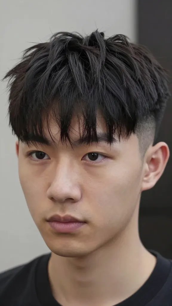 Create a high-resolution, ultra-realistic portrait of a stylish man with a curtain drop fade hairstyle. The hair should feature a long center fringe that parts softly to create a retro vibe while remaining contemporary and wearable. The fade should be medium, balanced to frame the face and maintain symmetry. The subject should have a subtle side part and a clean, well-groomed look, with the fringe gracefully sweeping to either side and a natural shine. The overall vibe is effortlessly chic, fashionable, and confident, suitable for a fashion editorial. The background should be neutral and softly blurred to keep full focus on the haircut and the subject&rsquo;s face, with natural lighting highlighting texture and dimension in the hair. No text or logos in the image.